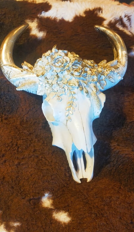 White & Gold Resin Cow Skull